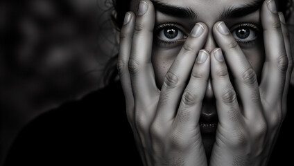 Fototapeta premium Close up of a person hiding their face behind hands. Intense eyes peeking through fingers in black and white. Concept of fear and anxiety. Dramatic monochrome portrait