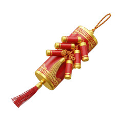Red and Gold Firecracker Decoration with Tassel on Transparent