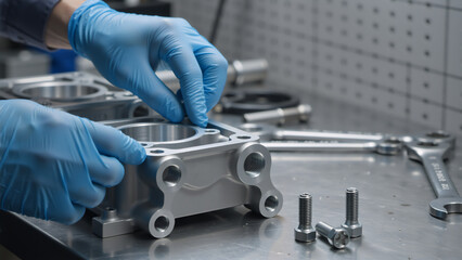 Mechanic hands in blue gloves assembling metal engine part on workbench. Technician repairing cylinder block in workshop with tools