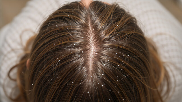 Close-up of dandruff on brown hair and scalp. Woman with dry skin problem and white flakes. Seborrheic dermatitis concept