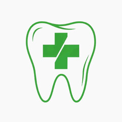 A green tooth icon with a medical cross on a white background