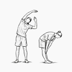 A black and white illustration of a man and woman stretching their bodies