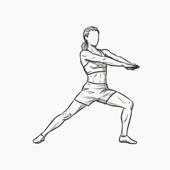 A woman in a dynamic yoga pose with arms outstretched and legs apart