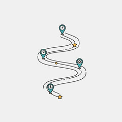 Illustrated Winding Road with Location Pins and Stars.