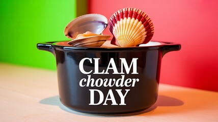Clam Chowder Day with shells and a pot of creamy chowder