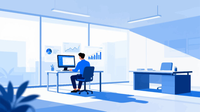 Office worker at computer in modern workspace