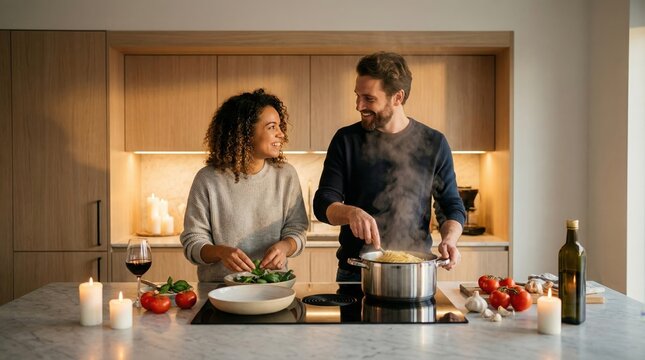 Couple Cooking Pasta Together at Home for Romantic Dinner Date Night