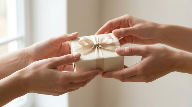 Hands exchanging wrapped gift box with satin ribbon