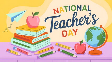 National Teacher's Day - Stack of Books, Globe, and Apples