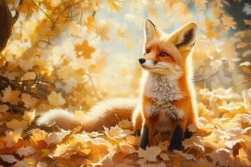 Fototapeta premium Adorable fox cub in autumn leaves with sunlit bokeh background