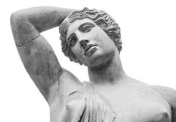 Classical female marble statue isolated PNG, antique sculpture of woman with raised arm on transparent background © Iryna