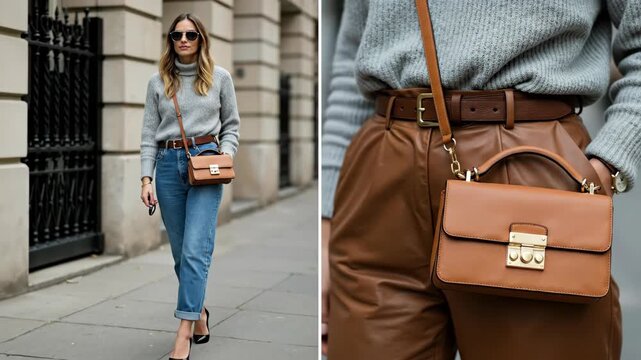 Fashionable woman posing in street style outfit with brown leather handbag. Split screen composition showing full body and close-up detail of accessories. Urban autumn fashion concept