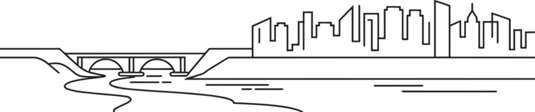 Minimalist cityscape outline with bridge over river and urban skyline in linear art style