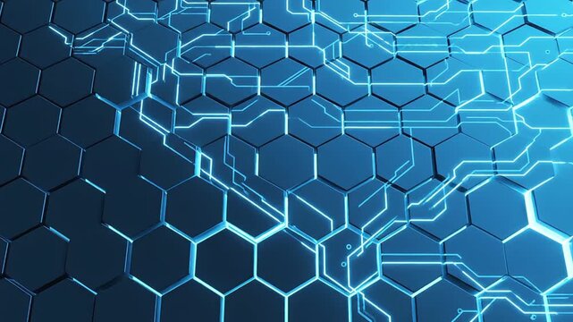 Blue Hexagonal Pattern with Glowing Neon Lines.