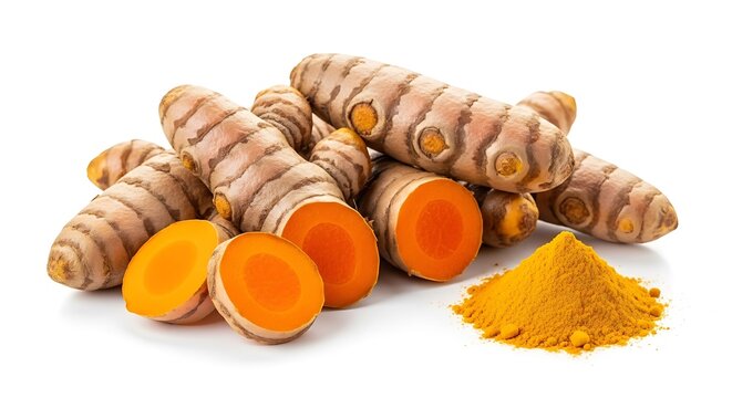 Turmeric Roots and Powder on White Background 