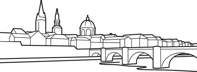 One line drawing of a historic european city with spires, domes, and arched bridges © MDSHOFIQUL