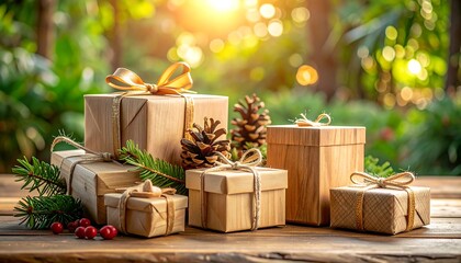 Rustic Christmas Gifts with Pine Cones and Fir Branches Outdoors.