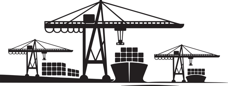Shipping port cranes and cargo ship, industrial vector illustration