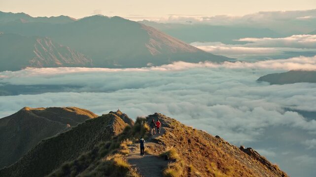 Tourists enjoying on Roys Peak summit with foggy morning above Lake Wanaka in New Zealand