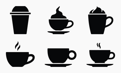 Obraz premium Set of six black icons for hot coffee, iced coffee, and various coffee drinks.