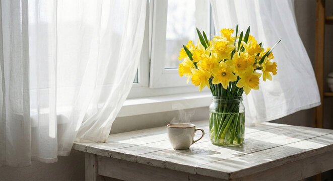 Bouquet of yellow daffodils and steaming cup of coffee on a rustic wooden table for spring morning cafe promo