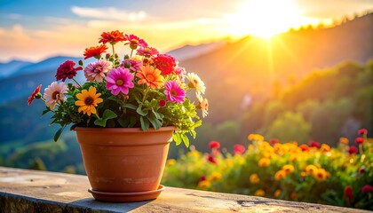 Vibrant Flower Pot on Balcony with Sunset Mountain View.