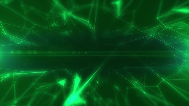 Technology digital low poly line structure cyber data network connection concept. Abstract geometric, triangle shape moving floating in green color 4K motion background