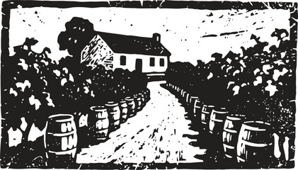 Obraz premium Rustic vineyard pathway lined with barrels leading to a countryside house in vintage