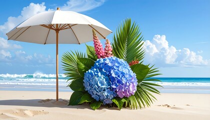 Tropical Beach Paradise with Hydrangeas and Umbrella.