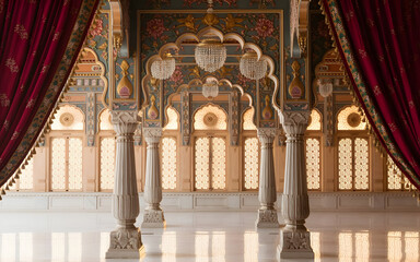 Obraz premium Majestic Opulent Indian Palace Interior with Golden Arches, Jharokha Windows, Marble Pillars, Crystal Chandeliers and Regal Royal Elegance