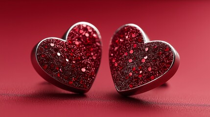 Fototapeta premium Zwei rote Herzen mit Glitzeroberfläche auf rotem Hintergrund symbolisieren Liebe und Romantik