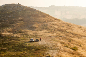 Breathtaking panoramic view of the Dniester River and Shyshkovi Horby hills in Nagoryany, Ukraine. High angle aerial view of the picturesque Dniester canyon with unique limestone rock formations .