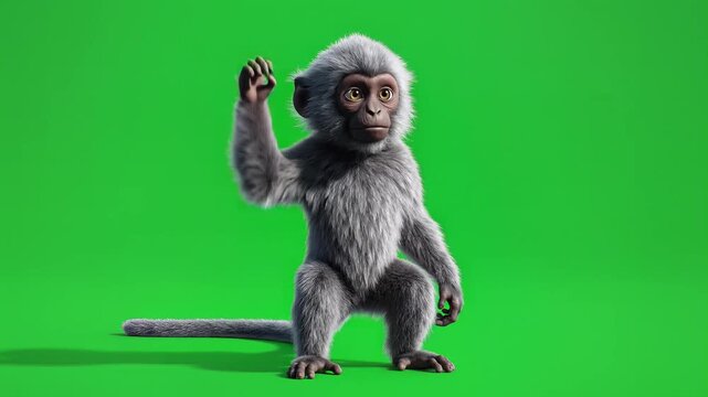 A 3D illustration of a grey monkey standing on greenscreen, waving with its right hand in a studio setting from a front viewpoint.