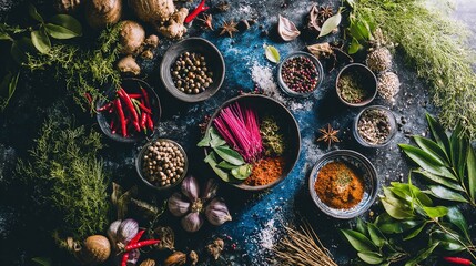Aerial view of vibrant Southeast Asian ingredients on slate, showcasing spices and fresh herbs.