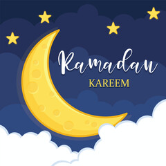 Ramadan kareem greeting card. eid mubarak greeting cartoon illustration vector. moon and star ramadan