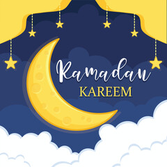 Ramadan kareem greeting card. eid mubarak greeting cartoon illustration vector. moon and star ramadan