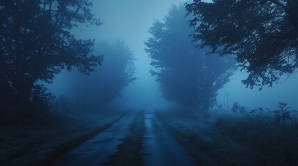 Obraz premium Fog envelops a rural road lined with tall trees, creating a tranquil and mysterious scene in a quiet countryside environment