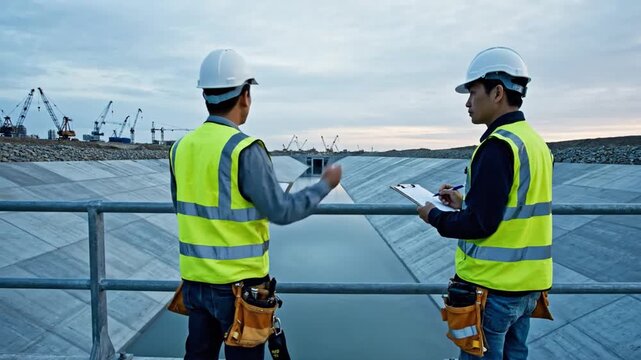 Engineers Inspecting Infrastructure: Two engineers in safety gear examine the blueprints, a testament to collaboration in constructing the engineering feat.