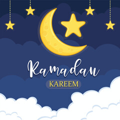 Ramadan kareem greeting card. eid mubarak greeting cartoon illustration vector. moon and star ramadan