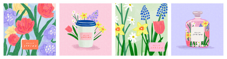 Fototapeta premium Set of cute card or cover for spring holidays with a coffee cup, perfume bottle, with vibrant spring wildflowers, Narcissus, tulips, daisies. Hand drawn Floral art templates for Mother's Day, birthday
