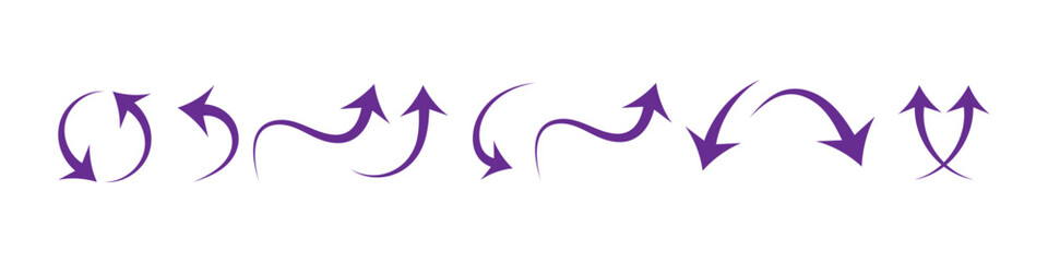 Purple Curved Arrows Vector Set, Decorative Swirl Directional Pointers for UI UX Design, Creative Infographics, and Social Media Marketing Graphics