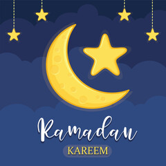 Ramadan kareem greeting card. eid mubarak greeting cartoon illustration vector. moon and star ramadan