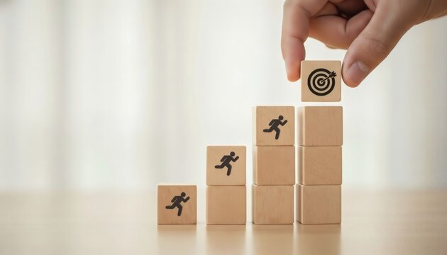 Leadership Driven Performance. Hand positioning target block on rising steps of running figures, representing career growth team development and performance optimization.
