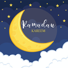 Ramadan kareem greeting card. eid mubarak greeting cartoon illustration vector. moon and star ramadan