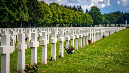 Rows of White Crosses in a Military Cemetery Under a Cloudy Sky.
