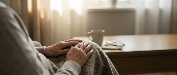 Fototapeta premium Cinematic shot of elderly hands trembling on lap by a window. Symbolic of Parkinson's resilience. Soft natural light, realistic skin texture, neutral background with copy space. Healthcare concept.