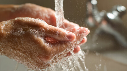 Fototapeta premium Person thoroughly washing hands under running water with soap suds to promote hygiene and prevent the spread of germs and illness at a bathroom sink