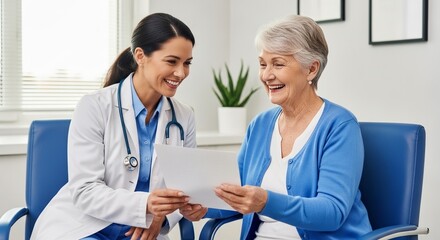 Fototapeta premium Doctor discusses medical results with an elderly female patient in a clinic setting.