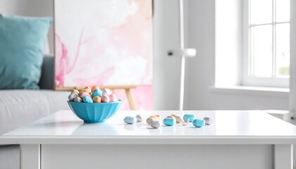 Easter Eggs in a Blue Bowl on a White Table.