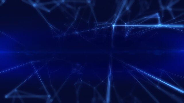 Blue Abstract Technology Digital Polygon Fast Fly Through Network Flowing Concept. Data Connection Structure Moving 4K Motion.